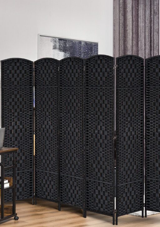 Room Divider, 6 Panel Folding Privacy Screen, 6FT Tall Portable Wicker Weave Partition Wall Divider for Bedroom, Home Office, Black