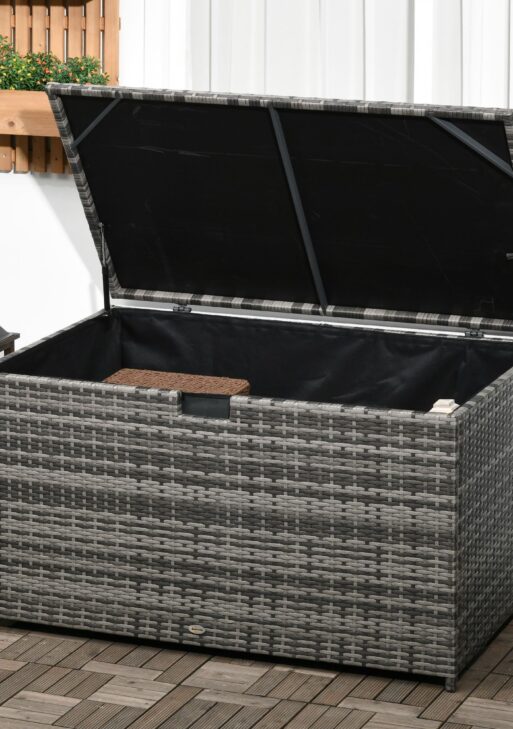 113 Gallon Outdoor Storage Box, Rattan Deck Box for Indoor, Patio Furniture Cushions, Pool Garden Tools, Dark Gray