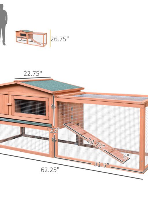 Rabbit Cage Outdoor, 62" Wooden Outdoor Rabbit Hutch, Small Animal Habitat with Detachable Run and Elevated Main House, Natural