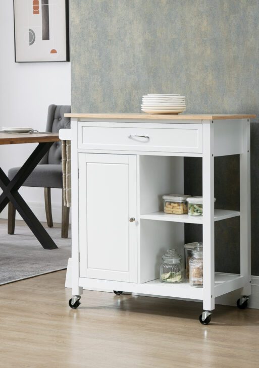 Kitchen Island Cart, Rolling Kitchen Island with Storage Shelf, Solid Wood Top, Drawer, for Dining Room, White