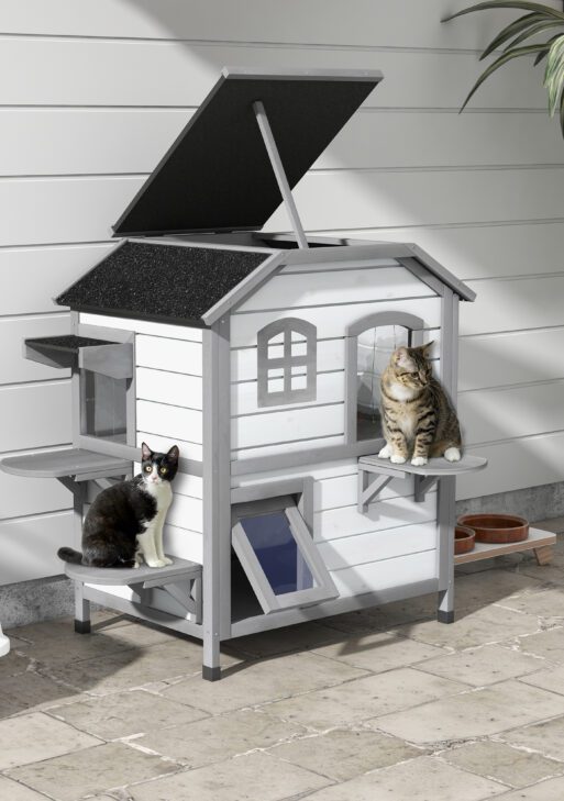 2-story Cat House Outdoor, Weatherproof Wooden Cat Enclosure for Feral Cats with Escape Door, Openable Roof, Jumping Platforms, White