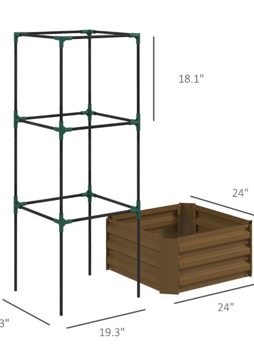 Galvanized Planter Box, 24" x 24" x 55" Raised Garden Bed with Tomato Cage for Climbing Vines, Brown