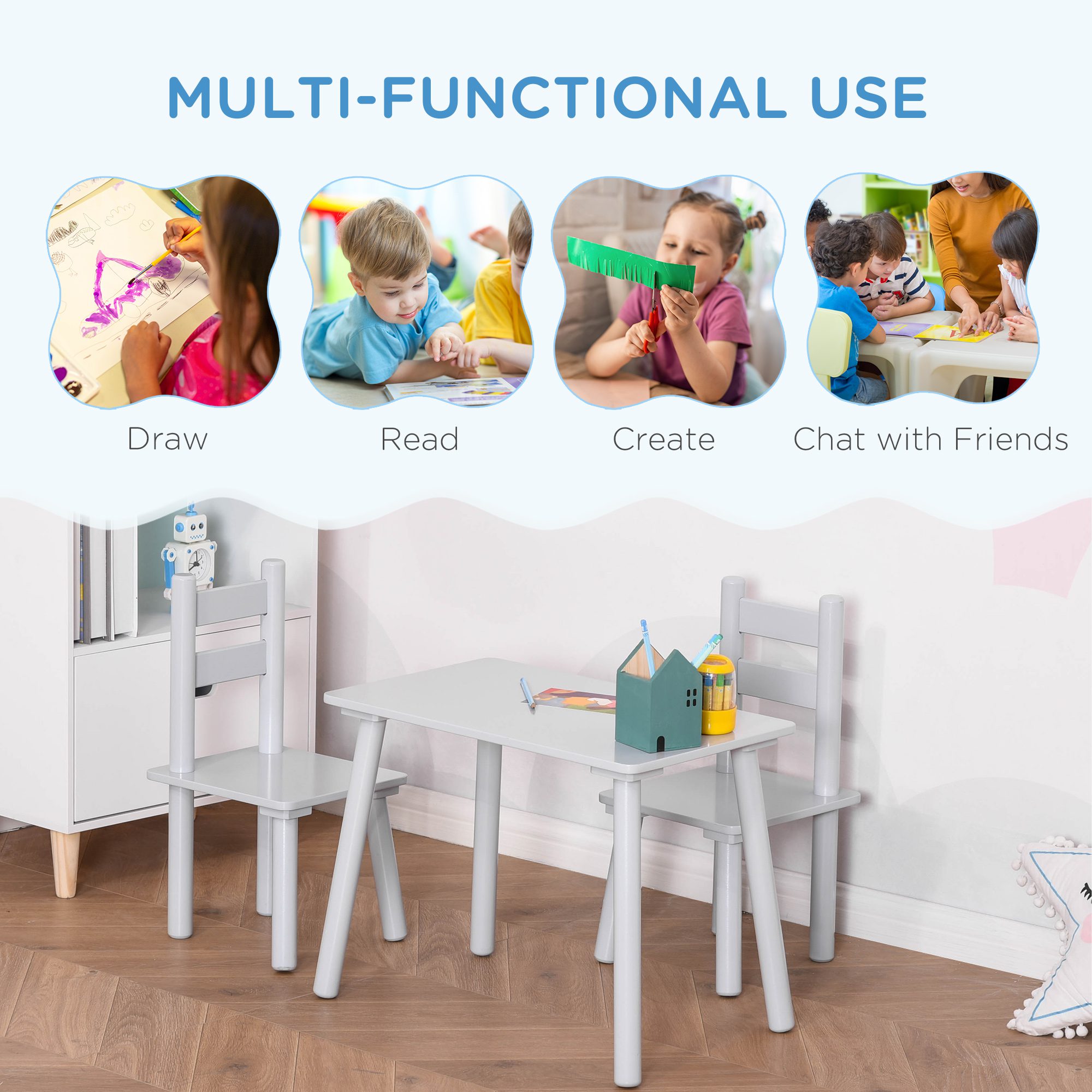 Kids Wooden Table and Chair Set, Play Activity Table for Arts, Crafts, Dinning, and Reading for Toddlers Age 2 to 5, Grey - Image 2