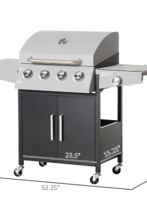52" Barbecue Grill with Wheels 4+1 Burner Liquid Propane Gas Grill Outdoor Cabinet Style BBQ Trolley w/ Side Burner, Warming Rack, Storage Cabinet