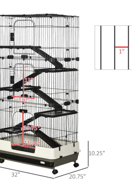 32"L 6-Level Small Animal Cage Rabbit Hutch with Universal Lockable Wheels, Slide-out Tray for Bunny, Chinchillas, Ferret, Black