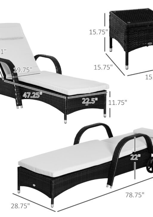 Wicker Outdoor Chaise Lounge Chair Set of 3 with Side Table, 5-Level Adjustable Backrest PE Rattan Pool Lounge Chair with Wheels, Cushion & Headrest, Black and Cream White