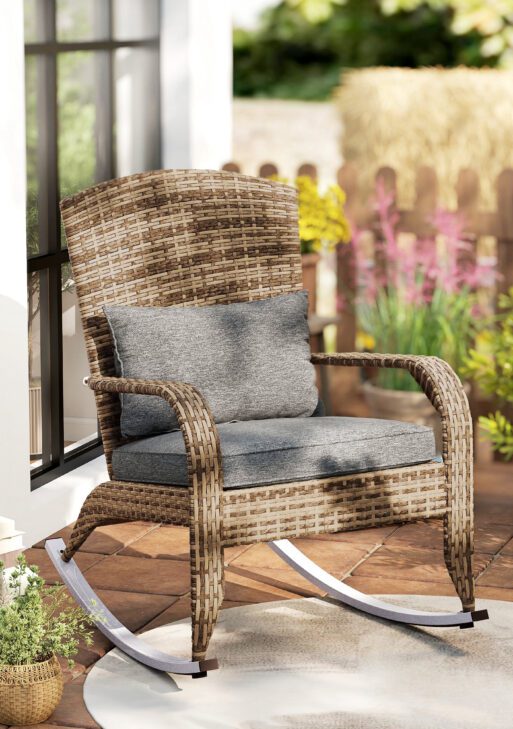 Adirondack Chair, Outdoor Wicker Rocking Chair with High Back, Seat Cushion, and Pillow for Porch, Balcony, Gray