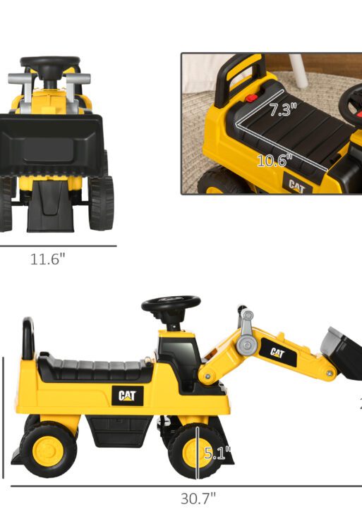 Caterpillar CAT Licensed Kids Ride on Excavator No Power Construction Vehicles with Manual Shovel, Horn, Hidden Storage