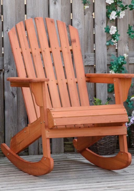 Adirondack Rocking Chair, with Slatted Wooden Design, Fanned Back, Ergonomic Armrests, & Classic Rustic Style, For Porch, Patio, Backyard, Teak