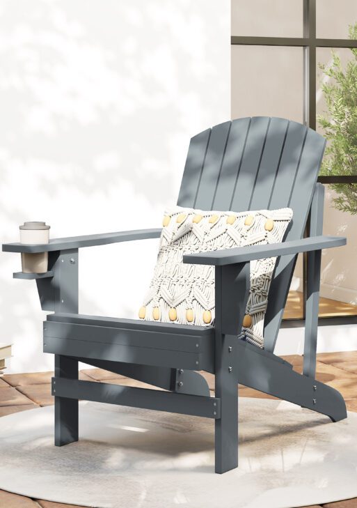 Oversized Adirondack Chair, Outdoor Fire Pit and Porch Seating, Classic Log Lounge w/ Built-in Cupholder, Dark Gray