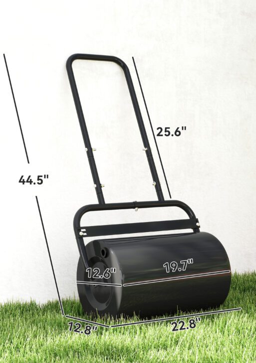 20-Inch Push/Tow Behind Lawn Roller Filled with 10 Gal Water or Sand for Flattening Sod in the Garden, Black