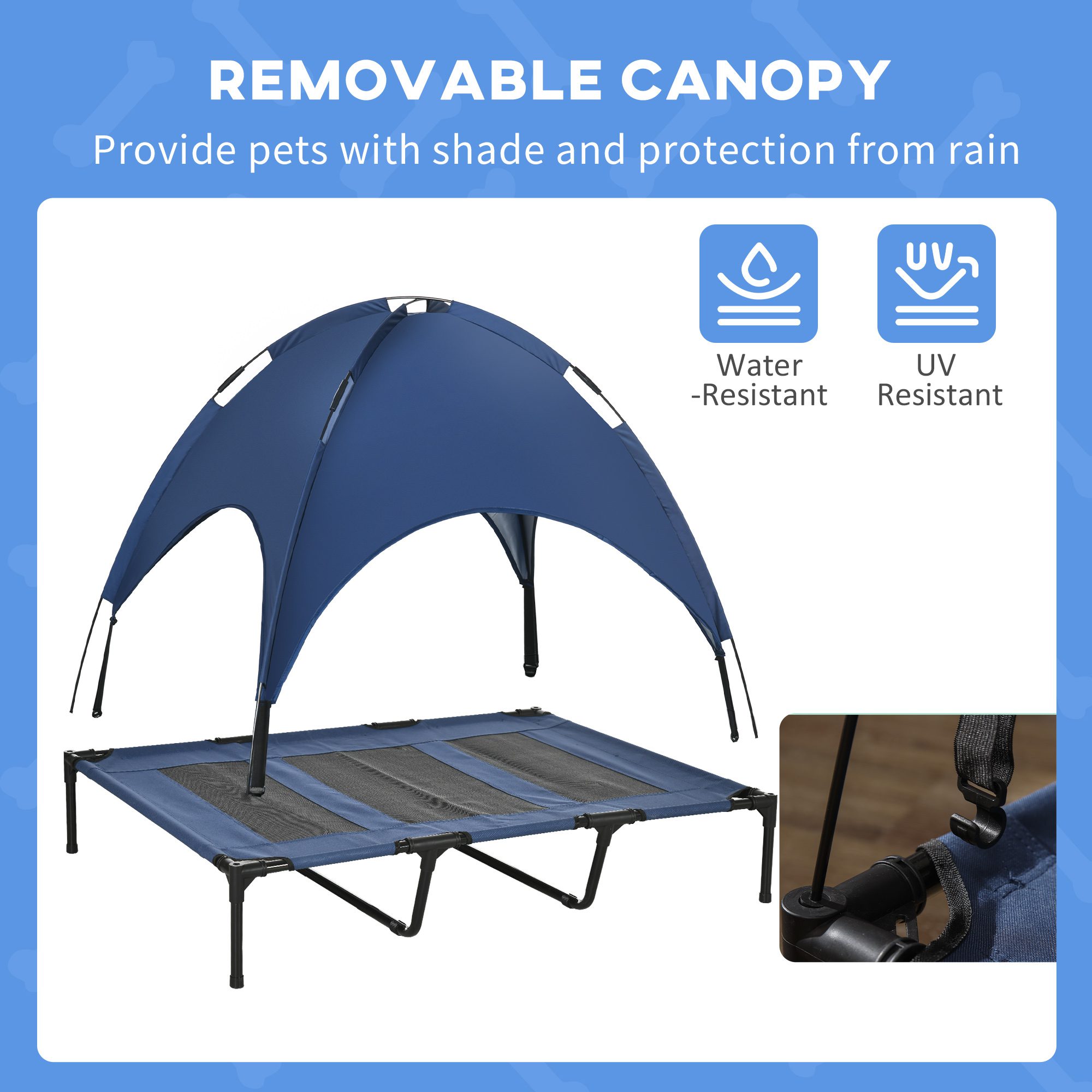 48" x 36" Elevated Portable Dog Cot Cooling Pet Bed with UV Protection Canopy Shade, Dark Blue - Image 4