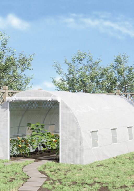 20' x 10' x 7' Walk-In Tunnel Greenhouse with Zippered Door & 8 Mesh Windows, Large Garden Green House Kit, Galvanized Steel Frame, White