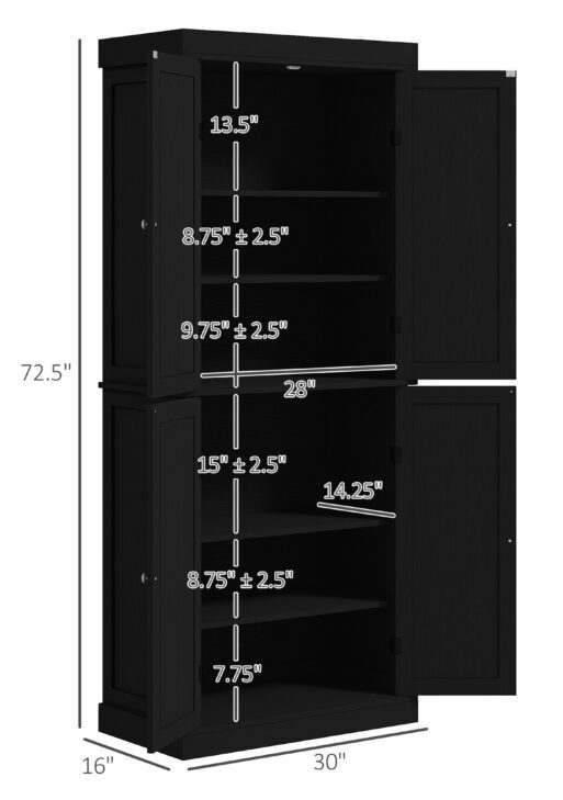 72" Kitchen Cabinet, Pantry Storage Cabinet with Doors and Shelves, Freestanding Food Pantry Cabinet, Black Wood Grain