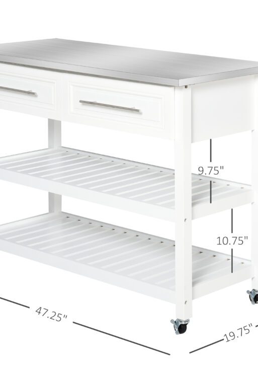 Kitchen Island with Stainless Steel Top, Traditional Kitchen Island with Storage, Butcher Block Cart 2-Tier Open Shelves, Drawers, White