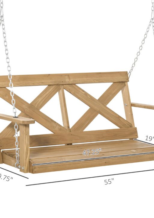 2 Person Porch Swing, Patio Swing, Outdoor Swing Bench with Pine Wood Frame and Hanging Chains for Garden and Yard, 550 lbs Weight Capacity, X Shaped Design, Natural