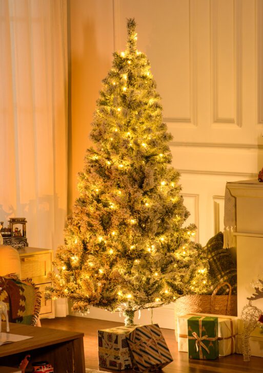 6' Prelit Artificial Flocked Christmas Trees, with Snow Frosted Branches, Warm White LED Lights, Auto Open