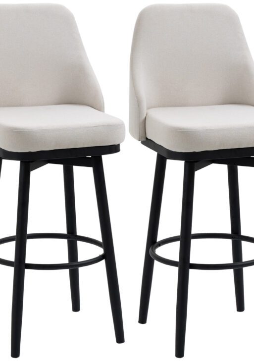 Bar Height Bar Stools Set of 2, Modern 360° Swivel Kitchen Chairs with Steel Legs and Footrest, 29.5 Inch Seat Height Upholstered Barstools for Kitchen Island, Cream White