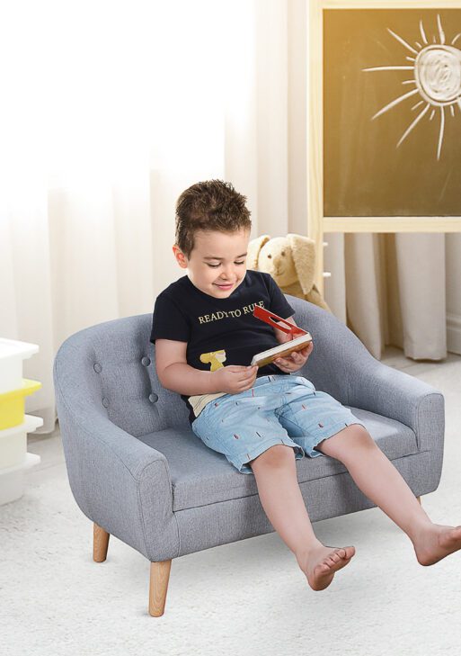 2-Seat Kids Sofa, Toddler Sofa Couch, Linen-Like Fabric & Wood Frame Sofa Chair for Ages 3-7, 11" High Seat, Gray