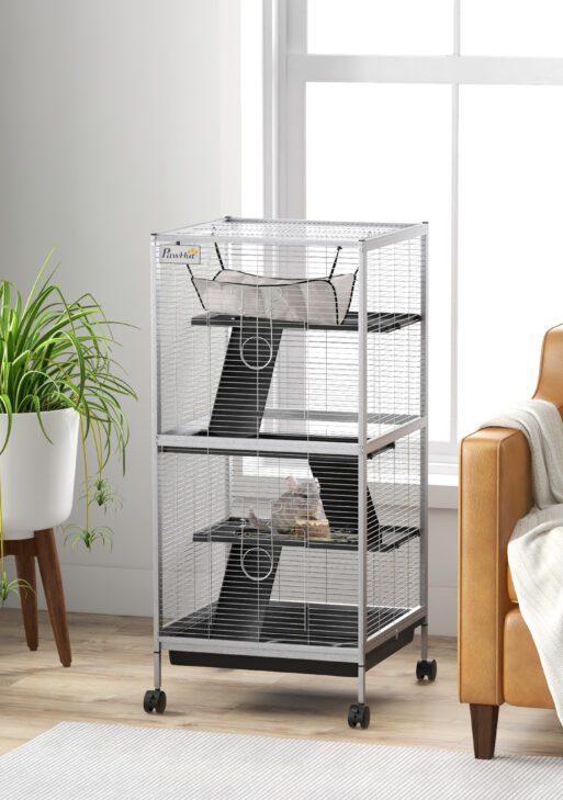 45" H Rolling Small Animal Cage with Hammock, Ferret Cage, Chinchilla Cage, Pet Habitat with 6 Doors, Removable Tray