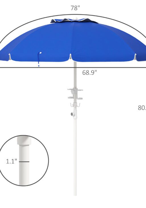 5.7' Beach Umbrella for Travel with Tilt, Adjustable Height, 2 Cup Holders, Hooks, Vent, Ruffles, Sapphire Blue