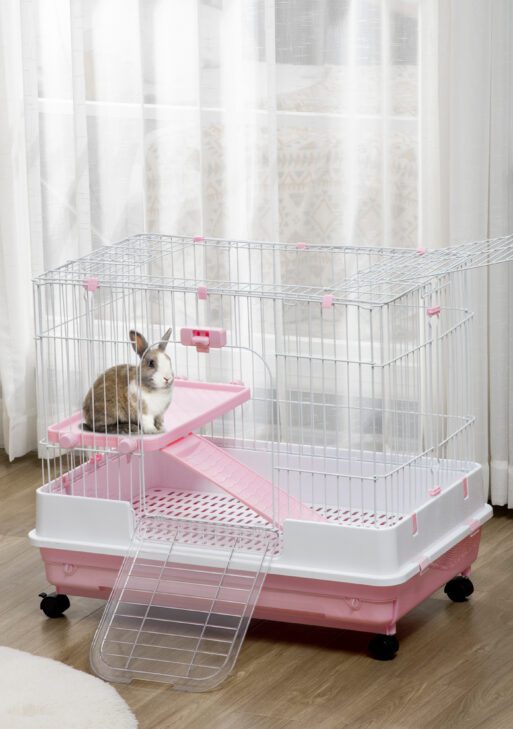 2-Level Small Animal Cage Rabbit Hutch with Wheels, Removable Tray, Platform and Ramp for Bunny, Chinchillas, Ferret, Pink