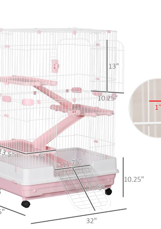 32"L 4-Level Small Animal Cage Rabbit Hutch with Wheels, Slide-out Tray for Bunny, Chinchillas, Ferret, Pink