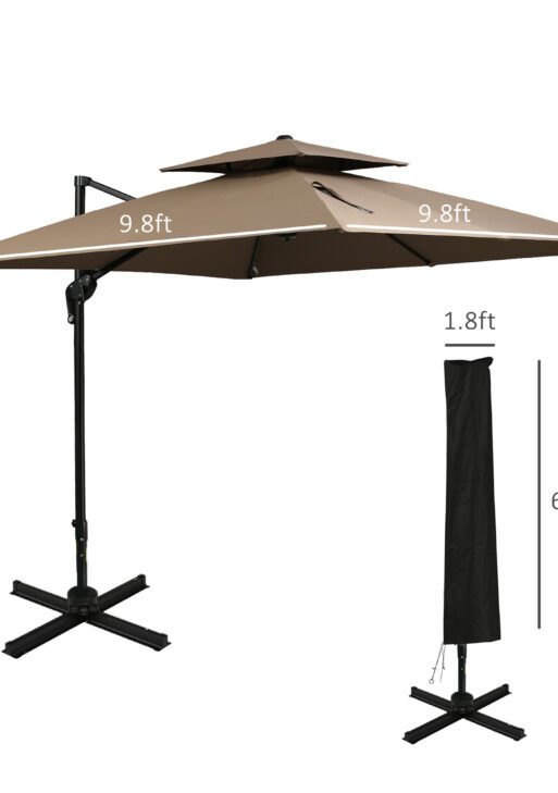10ft Offset Patio Umbrella with Base, Double Top Hanging Aluminum Cantilever Umbrella with 360-degree Rotation, Easy Tilt, 8 Ribs, Crank, Cross Base, Cover, Strap, Coffee