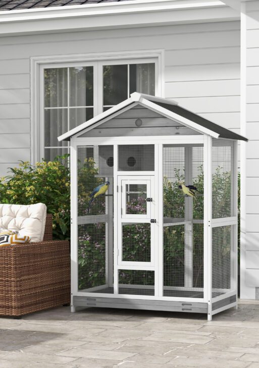 64.5" Wooden Bird Cage Aviary, Flight Cage with 4 Perches, Nest and Slide-Out Tray for Indoor/Outdoor, Gray