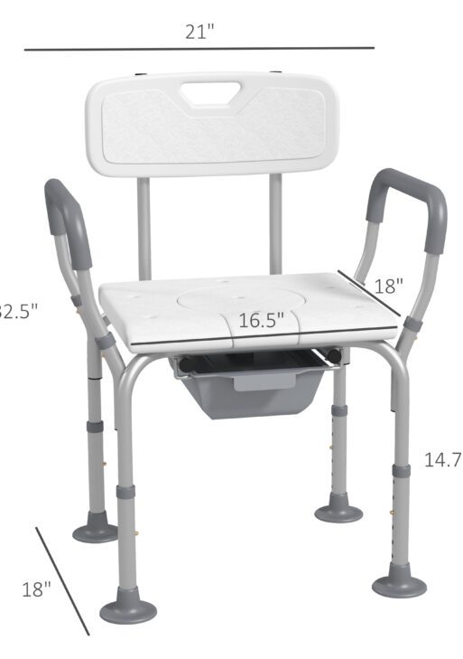 3-in-1 Shower Chair with Back and Arms, Height Adjustable Bedside Commode, Raised Toilet Seat with Non-Slip Rubber Foot Pad for Seniors, Disabled, White