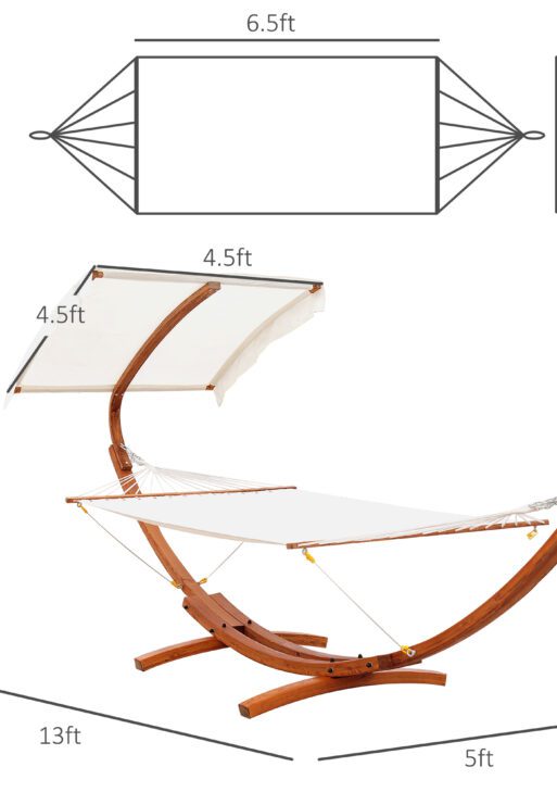 Outdoor Hammock with Stand & Accessories, Heavy Duty Wooden Frame, Sun Shade Visor Canopy, Indoor Outside Boho Style Nap Bed, Natural Cotton, White