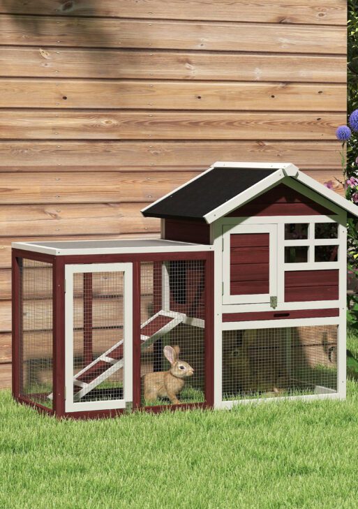 49" Wooden Rabbit Hutch Bunny Cage with Waterproof Asphalt Roof, Fun Outdoor Run, Removable Tray and Ramp, for Rabbits, Chickens, Ducks, Brown