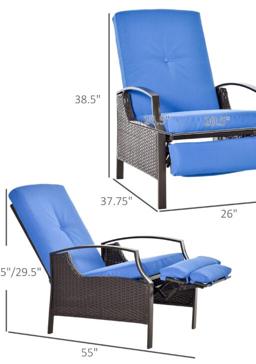 Outdoor Recliner Chair, Reclining Patio Lounge Chair with Comfy Cushions, Footrest, Armrests, PE Wicker for Balcony, Porch, Blue