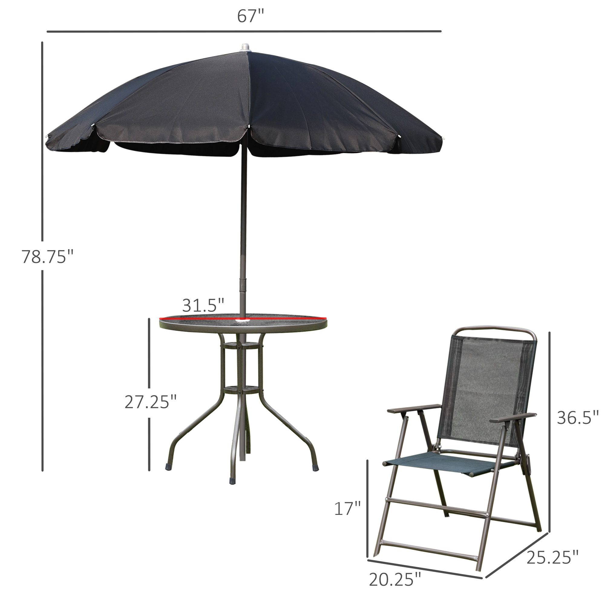6 Piece Patio Dining Set for 4 with Umbrella, Outdoor Table and Chairs with 4 Folding Dining Chairs & Round Glass Table for Garden, Backyard and Poolside, Black - Image 1