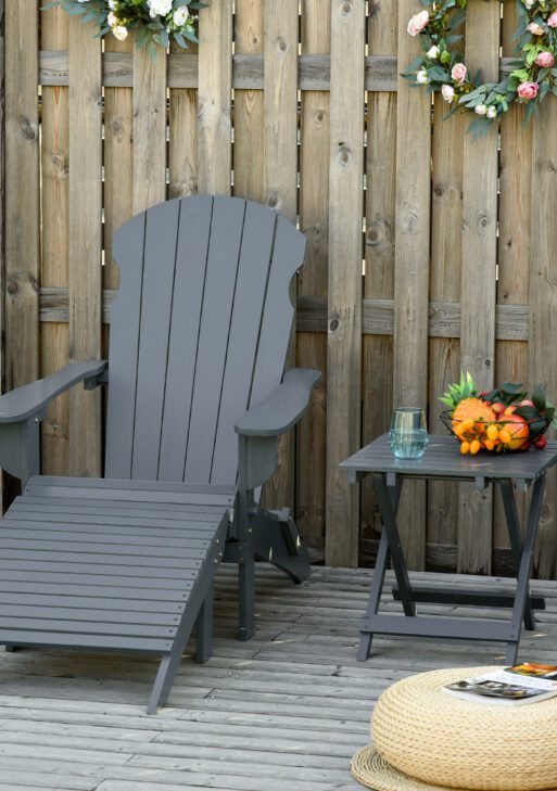 3-Piece Folding Adirondack Chair with Ottoman and Side Table, Outdoor Wooden Fire Pit Chairs w/ High-back, Wide Armrests for Patio, Backyard, Garden, Lawn Furniture, Gray