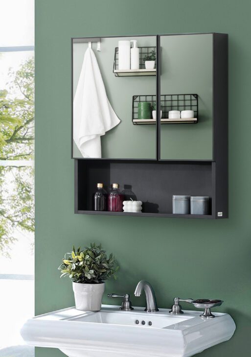 Wall-Mounted Medicine Cabinet, Bathroom Mirror Cabinet with Double Doors and Storage Shelves, Black