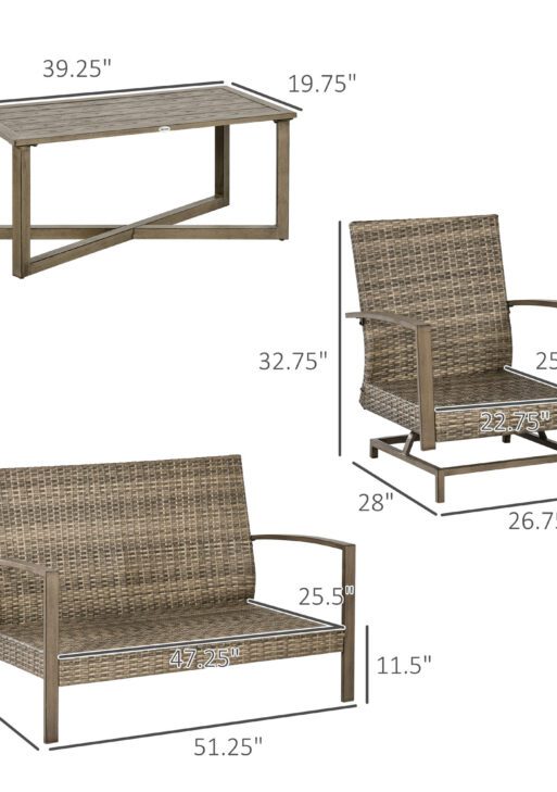 4 Piece Wicker Patio Furniture Set with 2 Rocking Chairs, Loveseat Sofa, Outdoor PE Rattan Conversation Set with Cushions, Aluminum Table for Porch, Poolside, Light Gray