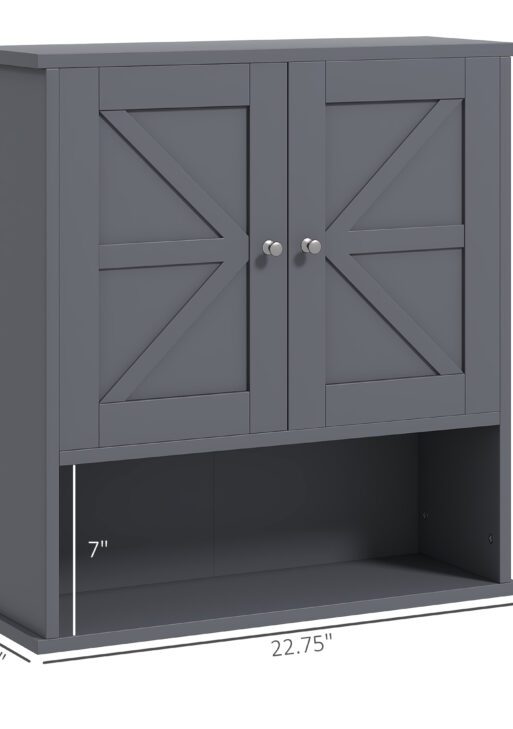 Farmhouse Bathroom Medicine Cabinet, Wall Cabinet with Barn Doors and Adjustable Shelf for Laundry Room, Gray