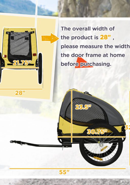 Dog Bike Trailer, Pet Stroller with Wheels for Medium Dogs, Yellow