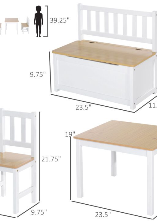 4-Piece Kids Table and Chair Set, with 1 Storage Bench and 2 Matching High Back Chairs, Natural & White