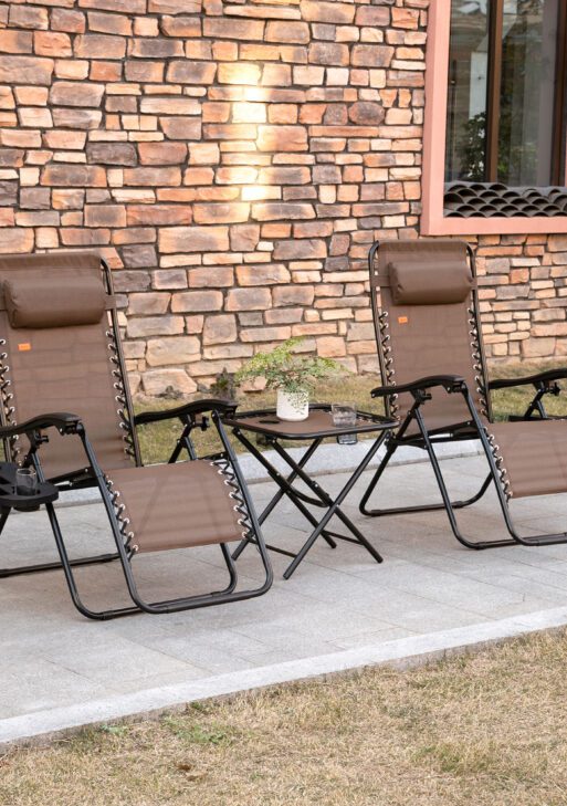 Zero Gravity Chair Set with Side Table, Folding Reclining Chair with Cupholders & Pillows, Adjustable Lounge Chairs for Pool, Backyard, Lawn, Beach, Brown