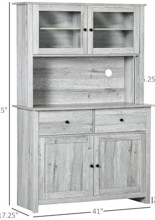 63.5" Kitchen Buffet with Hutch, Pantry Storage Cabinet with 4 Shelves, Drawers, Framed Glass Doors, Open Microwave Countertop, Ash Grey