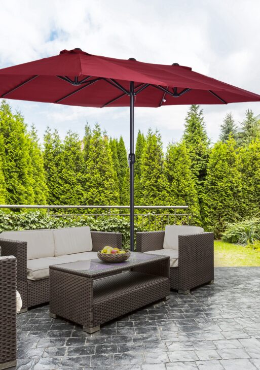 Extra Large 15 ft Patio Umbrella, Double-Sided Large Outdoor Umbrella with Crank Handle and Air Vents for Backyard, Deck, Pool, Market, Wine Red