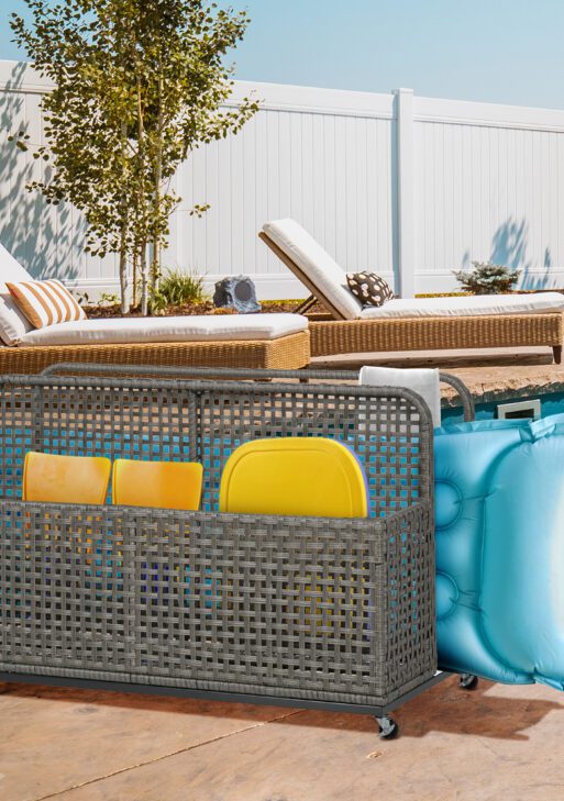 Pool Float Storage, Pool Caddy, with Wheels, 43.25" L x 22.5" W x 28" H, Light Gray