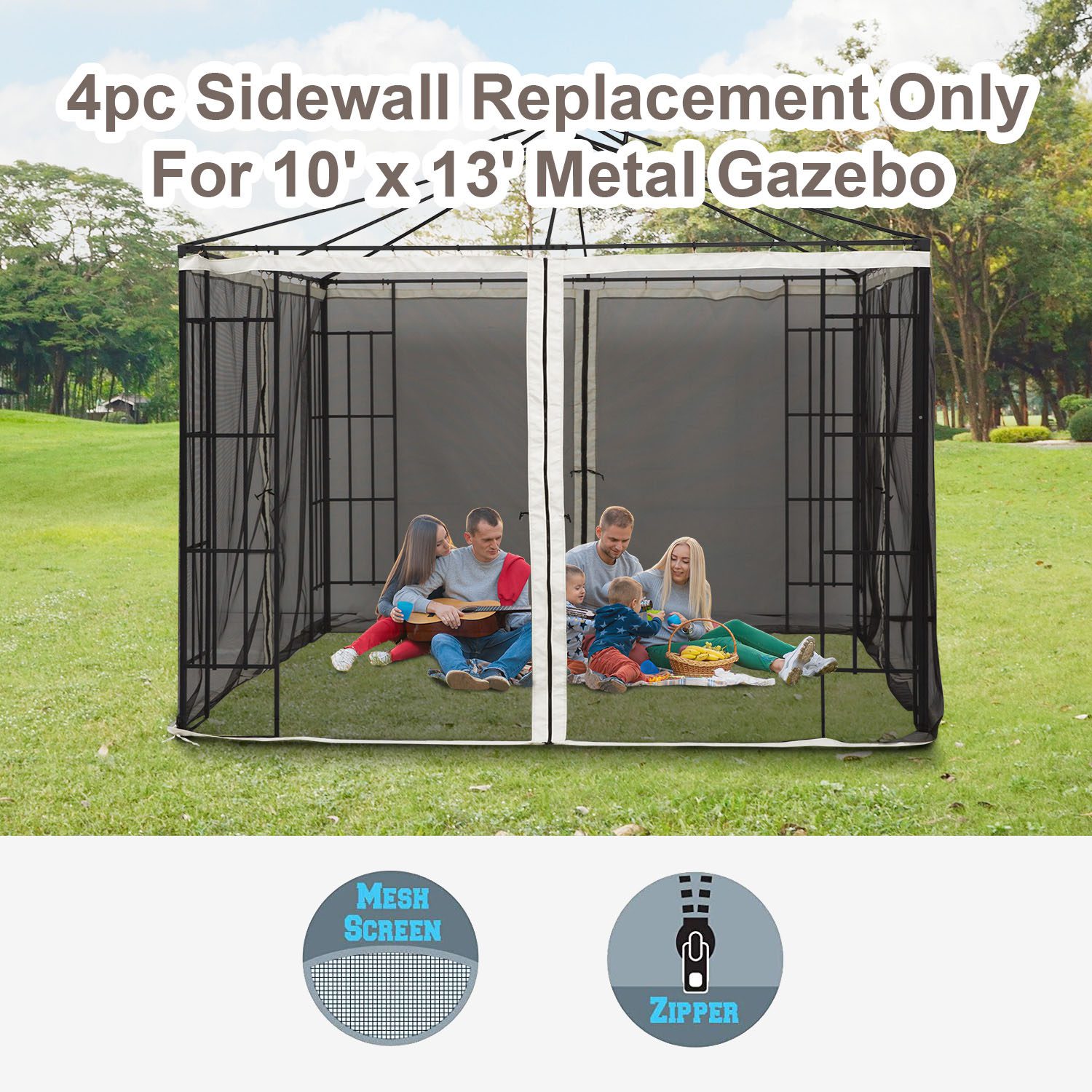 9.84' x 13.1' Gazebo with Netting, Universal Size, Canopy Tents with Zippers, black rings, high-quality polyester, Washable, (Sidewall Only) Black - Image 2