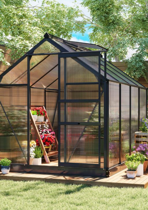 Polycarbonate Greenhouse, Heavy Duty Outdoor Aluminum Walk-in Green House Kit Vent Door, 6.2'x8.3'x6.6' Gray