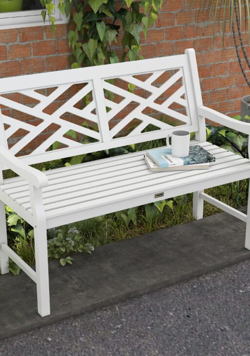 Outdoor Garden Bench, Wooden Frame Patio Bench with Geometric Pattern, 43.25 Inch Weatherproof 2-Person Love Seat for Garden, Lawn, Porch, Yard, Work Entryway, White