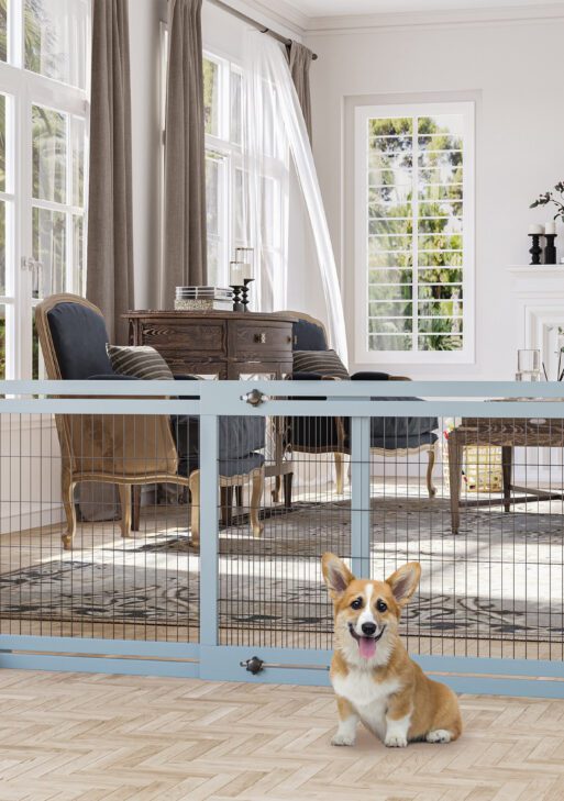 71" W x 27.25" H Extra Wide Freestanding Pet Gate with Adjustable Length Dog, Cat, Barrier for House, Doorway, Hallway, Blue-Gray
