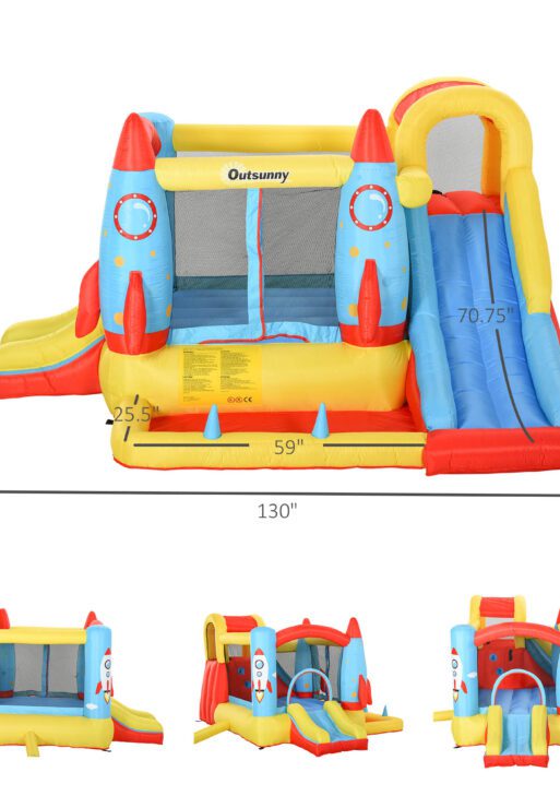 Kids Bounce House, 4-in-1 Rocket Inflatable Water Slide Jumping Castle with 2 Slides, Climbing Wall, Trampoline, & Water Pool Area, Air Blower
