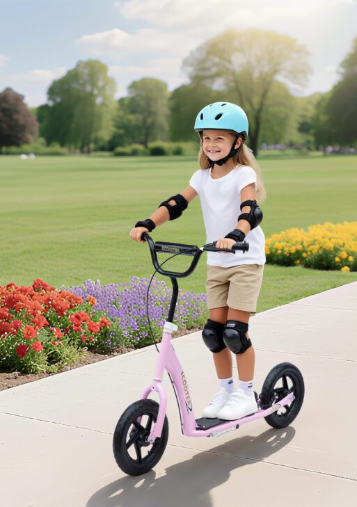 Kick Scooter for Kids 5-12 Years Old with Adjustable Height Handlebar, Non-slip Footplate, Big Wheels, Rear Brake, Pink